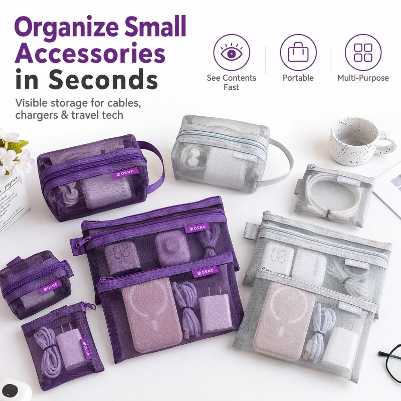 Tech Woven Accessories - 6PCS 휴대용 메쉬 테크 액세서리 가방,
