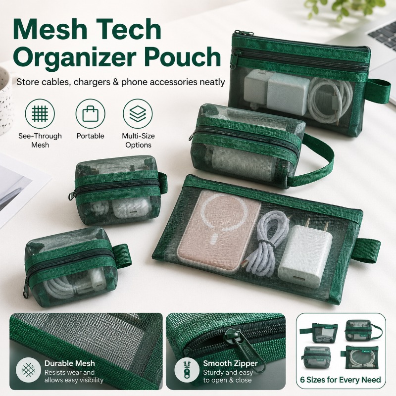 Tech Woven Accessories - 6PCS 메쉬 테크 오거나이저 파우치, 충전기,