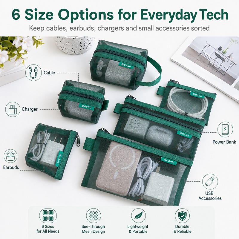 6PCS 메쉬 테크 오거나이저 파우치, 충전기, 이어버 - Tech Woven Accessories 리뷰 및 가격